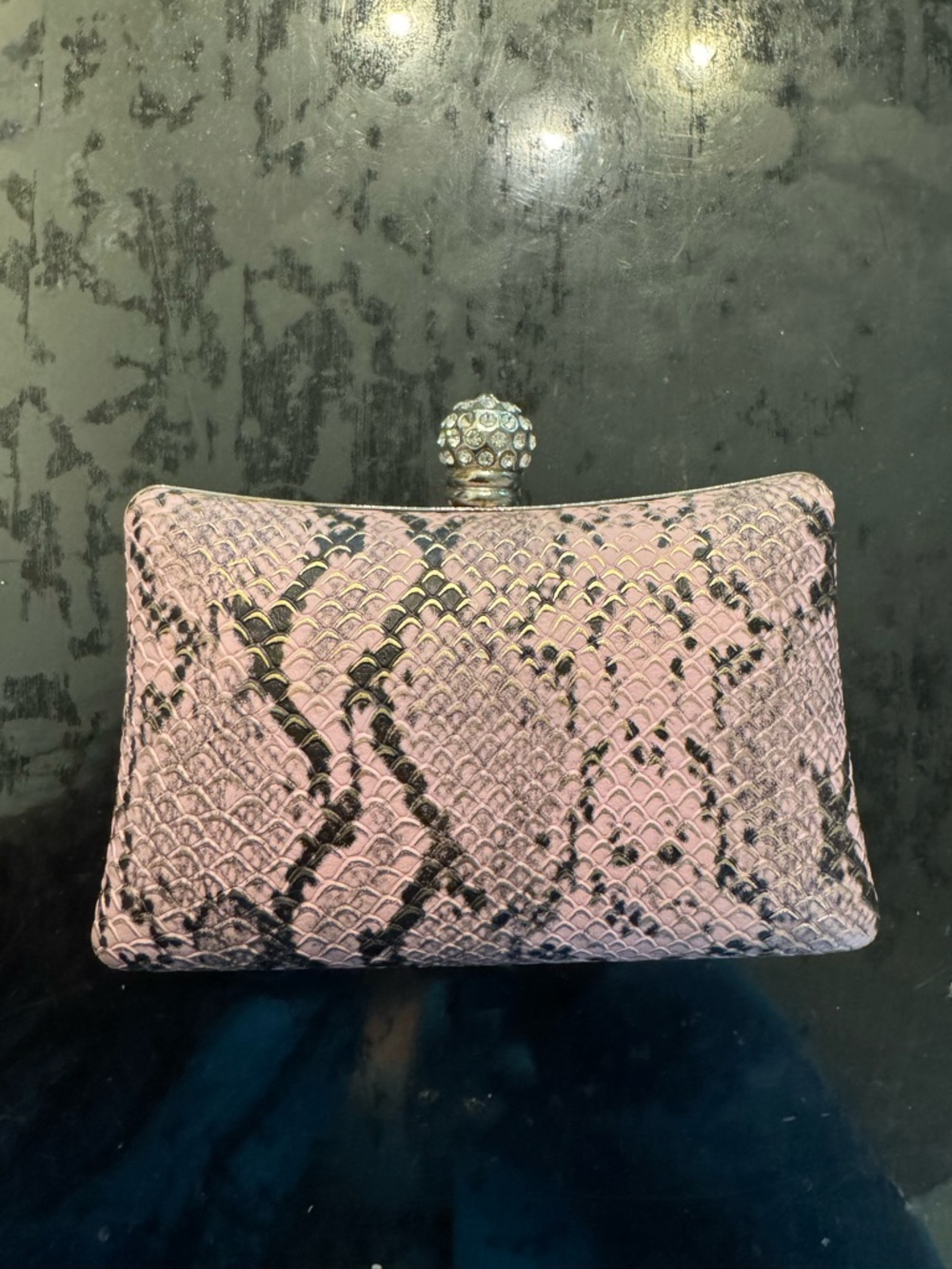 Pink Snakeskin Embossed Rhinestone Kiss-Lock Clutch